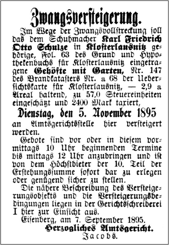 1895-09-14 Kl Zwangsversteigerung Schulze